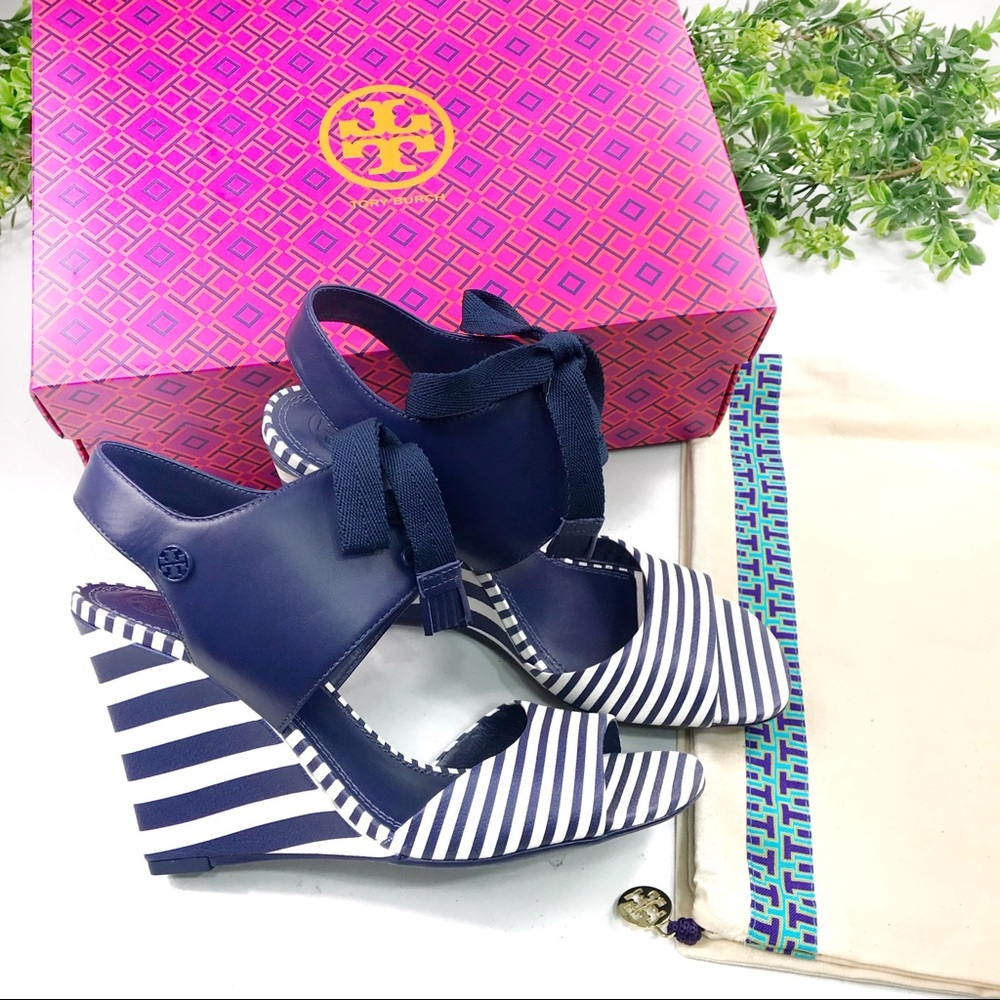 TORY BURCH - Blue White Nautical Maritime Wedge Sandals Size 6.5 Brand New